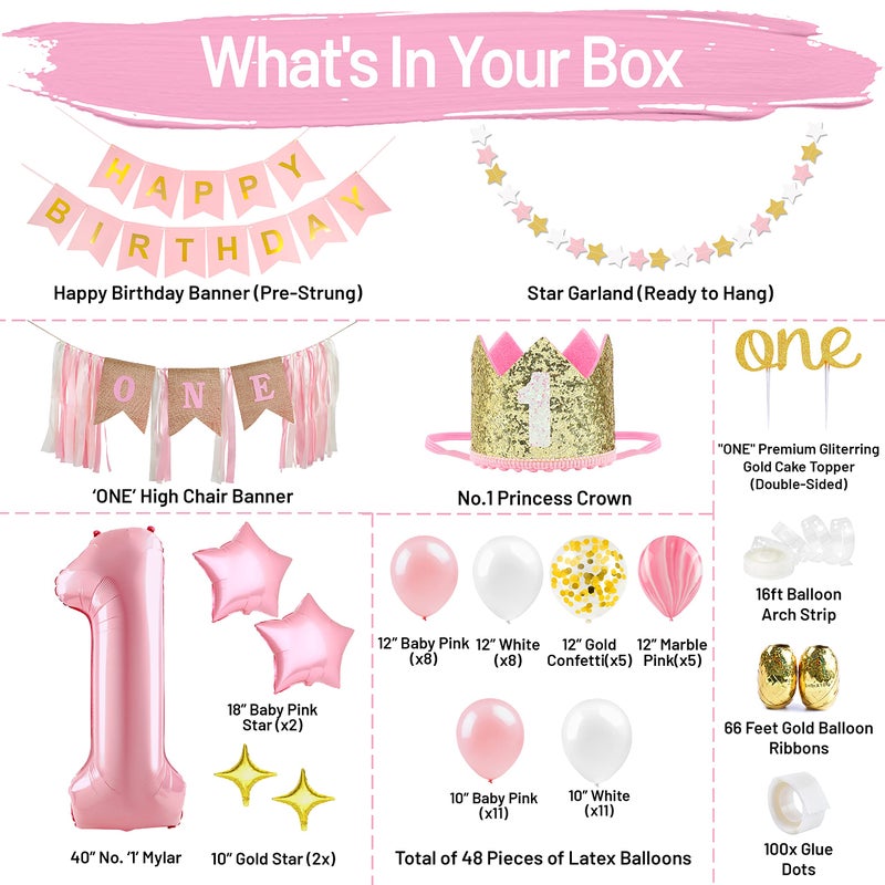 PartyHooman First Birthday Decorations for Girl | 1st Baby Girl Number 1 Balloon, Happy Birthday Banner, â€œOneâ€ Cake Topper, Star Garland, Marble Pink, Gold Confetti, Heart Balloons, Paper Tassels | PartyHooman - Image 2